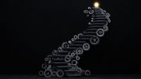 Abstract stairway rending with railings replaced by cogs.